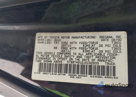 2001 Toyota Tundra Ltd V8 from USA, damaged, VIN 5TBBT48121S132933